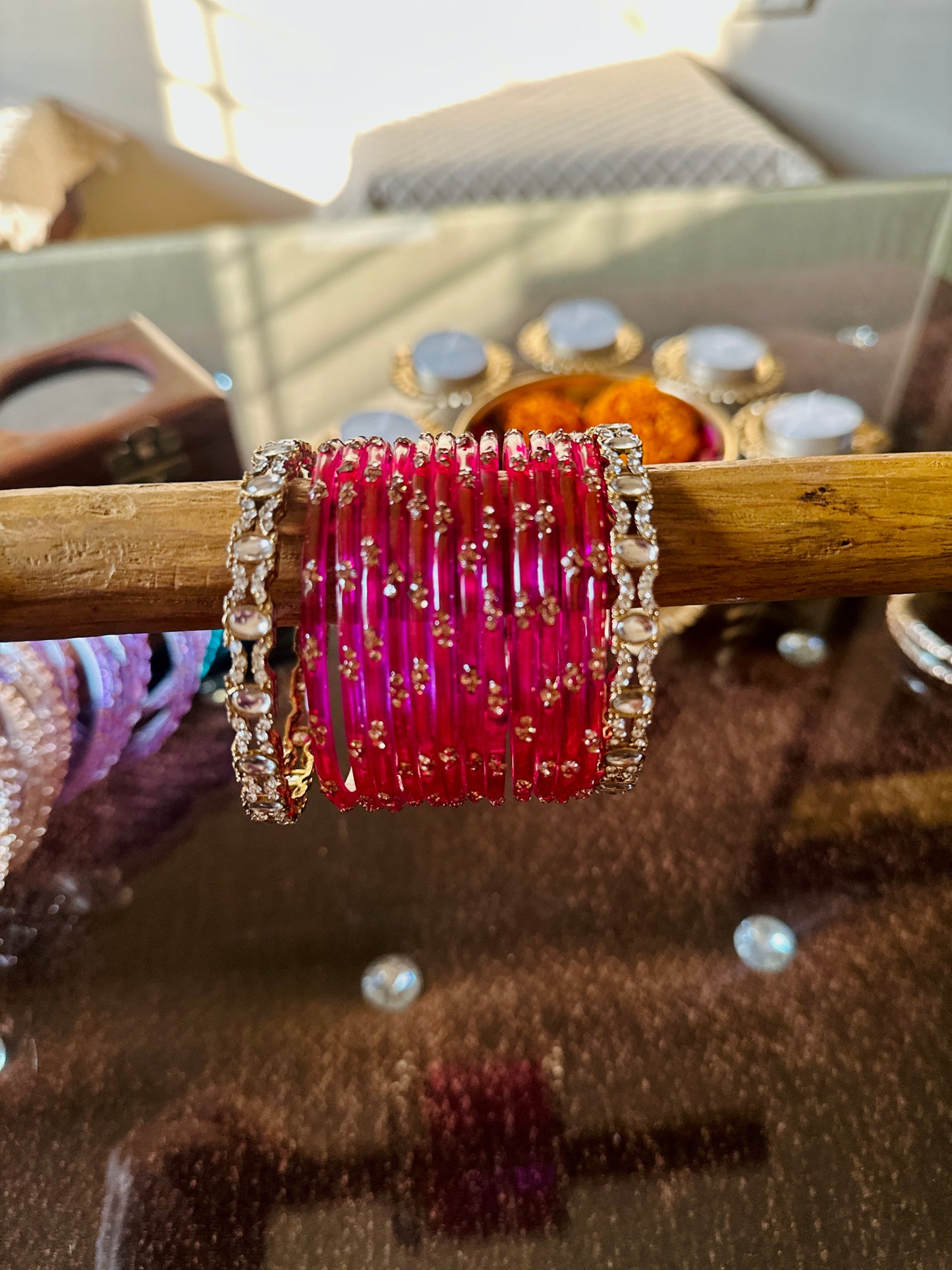 Rani Glass Bangles set (12 pairs with 2 Metal Bangles)