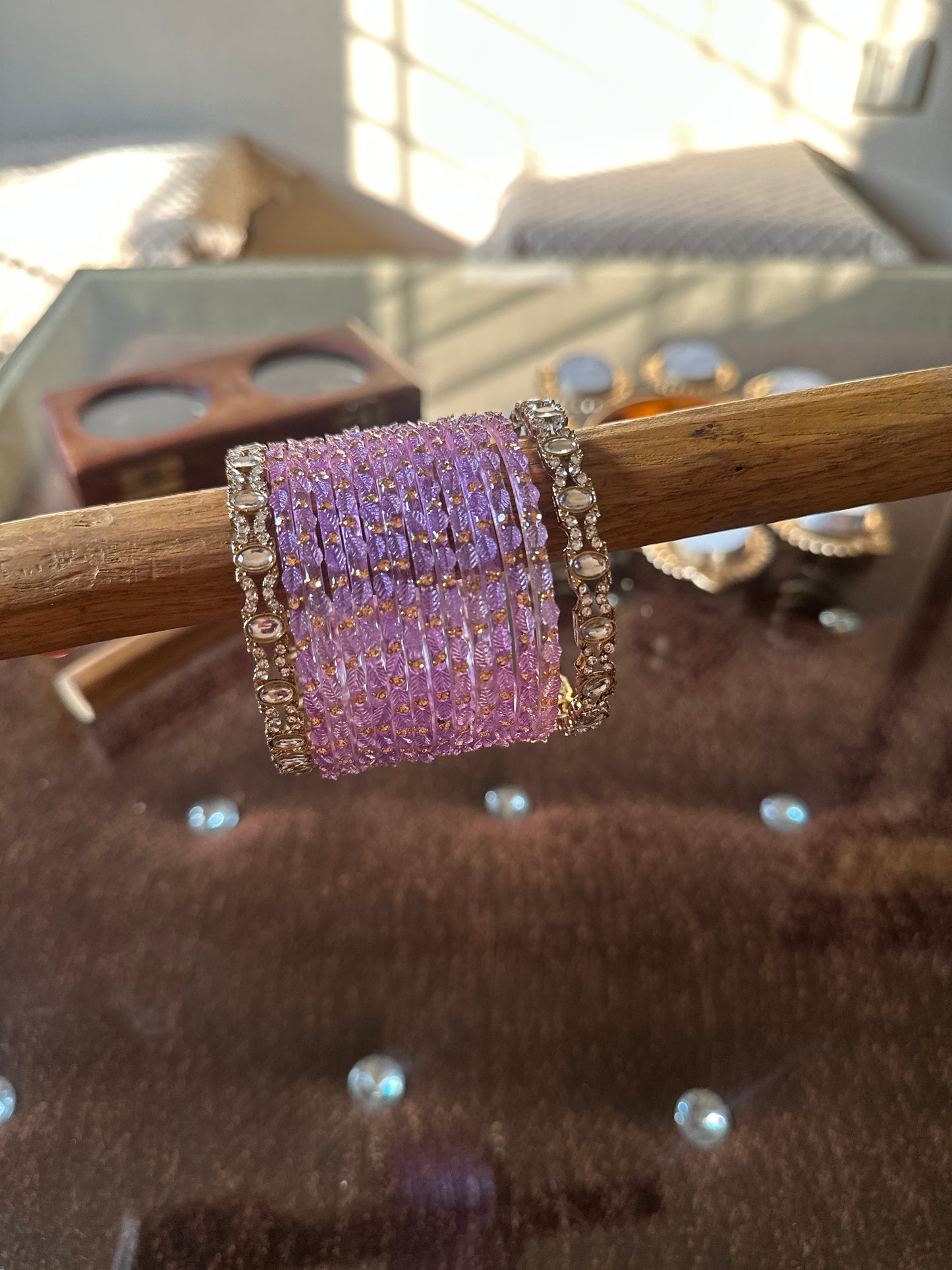 Lavender Glass Bangles set (12 pairs with 2 Metal Bangles)