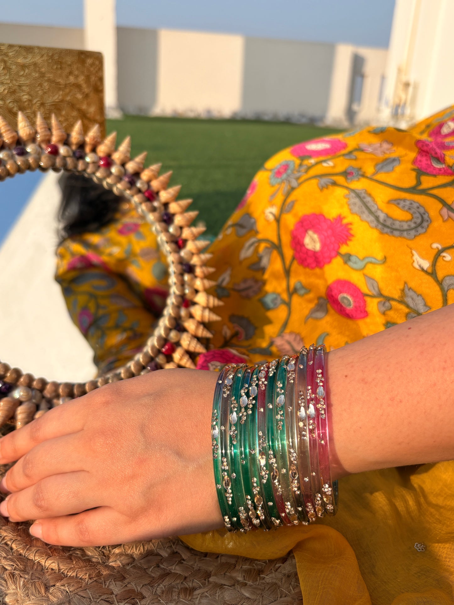 Mehfil Teal Mix Glass Bangle Pair of 12