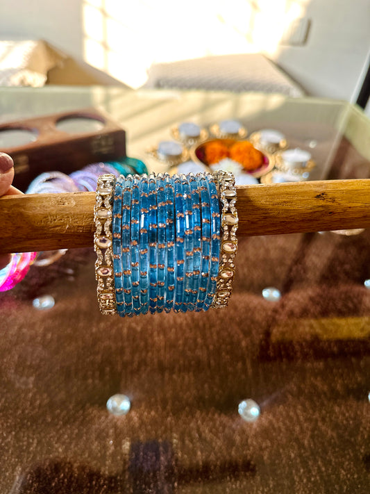 Aqua Glass Bangles set (12 pairs with 2 Metal Bangles)
