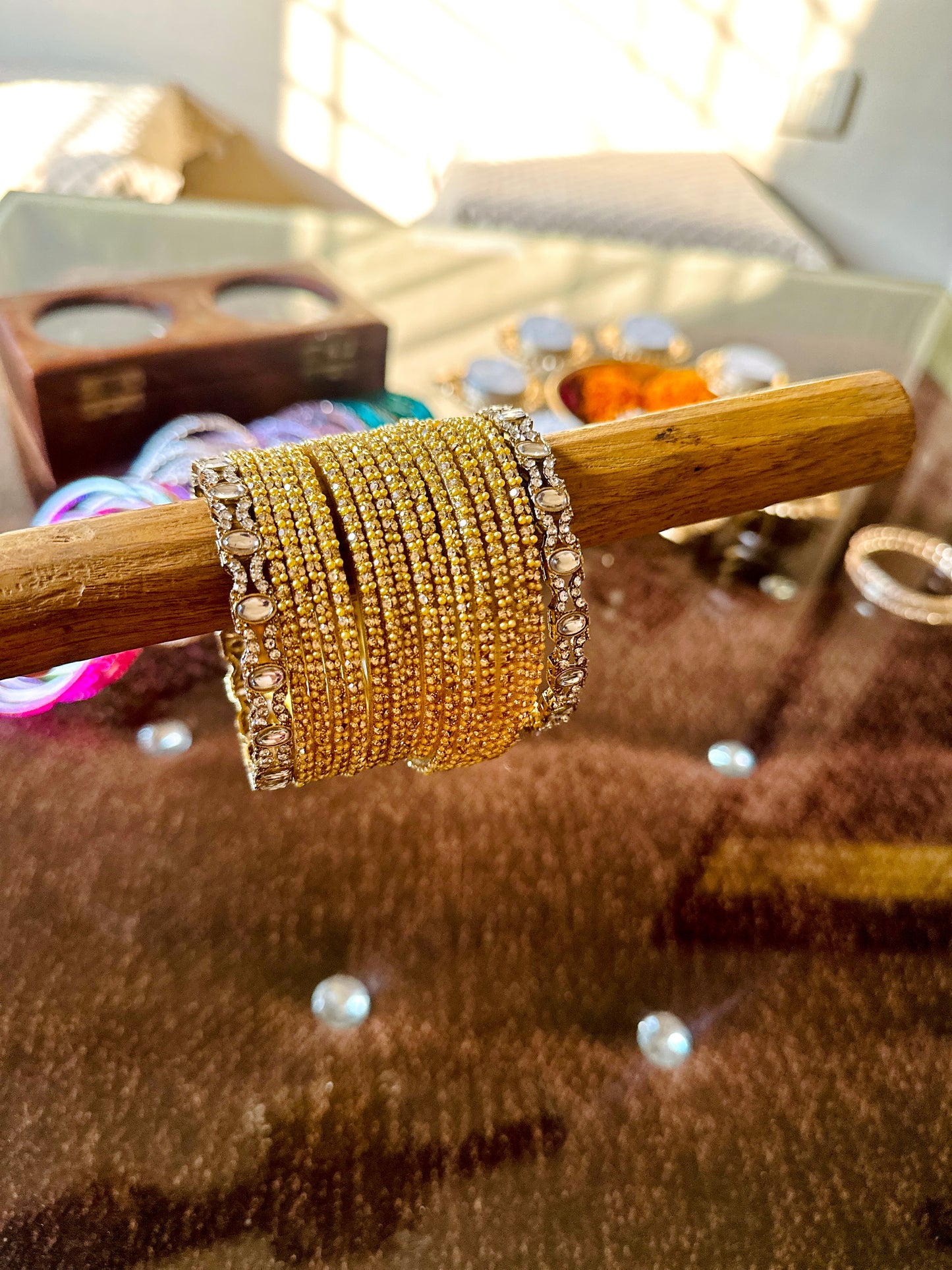 Golden Glass Bangles set (12 pairs with 2 Metal Bangles)