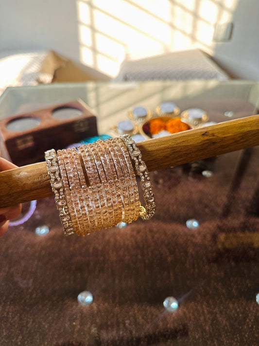 Beige Glass Bangles set (12 pairs with 2 Metal Bangles)