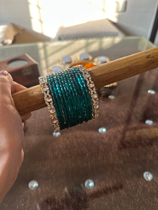 Emerald Glass Bangles set (12 pairs with 2 Metal Bangles)