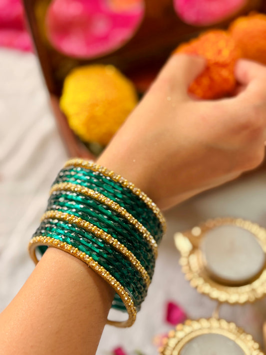 Emerald Gold Glass Bangles Set