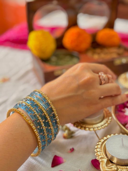 Aqua Gold Glass Bangles Set