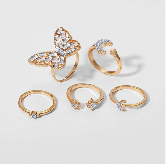 Moonvine - Gold Plated Butterfly Rings Set of 5