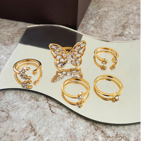 Moonvine - Gold Plated Butterfly Rings Set of 5