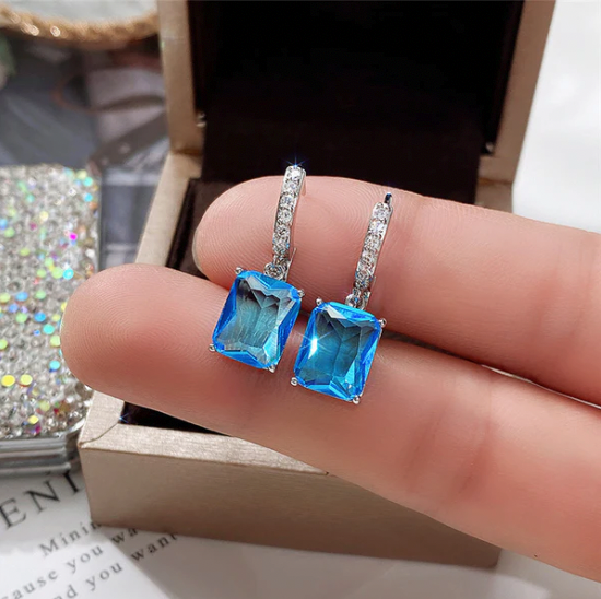 Blue Hoops - Silver Plated Anti Tarnish Blue  American Diamond Studs